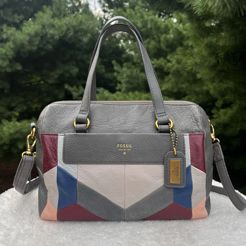 Fossil Satchel Patchwork Leather Geometric Crossbody Bag Purse Gray
